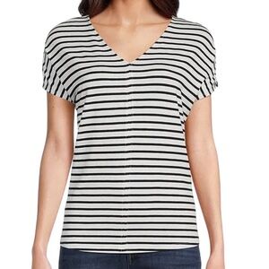 Philosophy White / Black Night Life Stripes V Neck Short Sleeve Top
